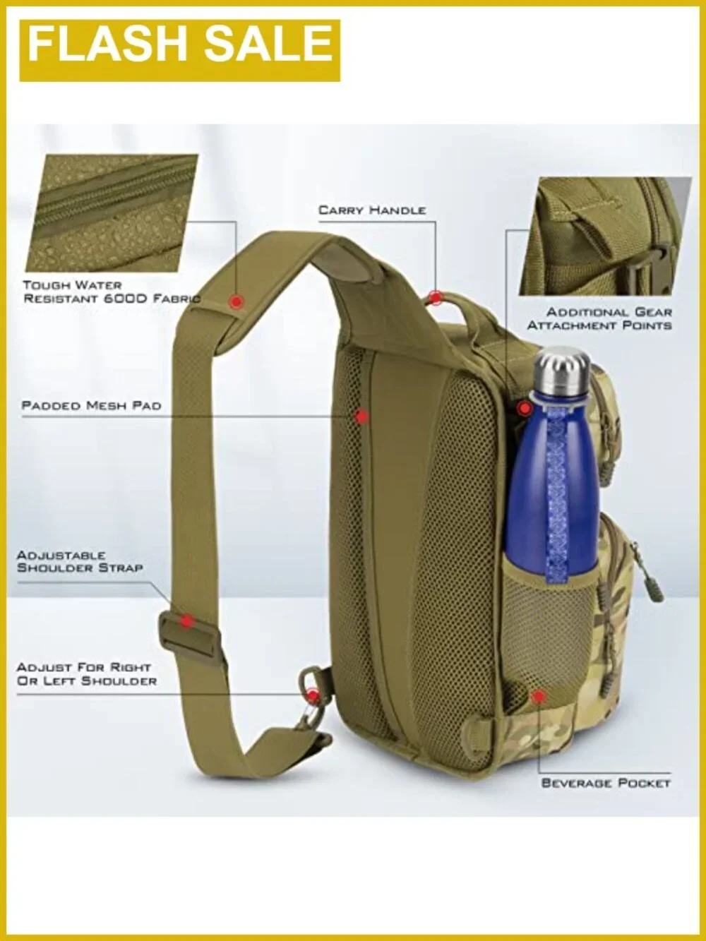 Fishing Sling Backpack with Rod Holder, Tactical Molle System, Water Repellent,
